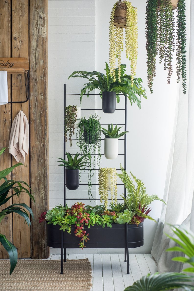 English Elm 32x14x60" Matte Black Iron Ladder Plant Stand with Bucket Planters for Indoor Outdoor W2078P499969