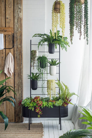 English Elm 32x14x60" Matte Black Iron Ladder Plant Stand with Bucket Planters for Indoor Outdoor W2078P499969