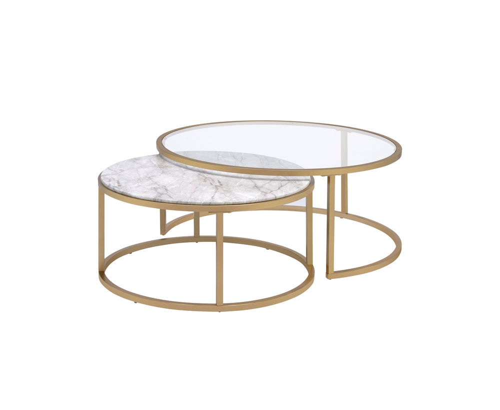 English Elm Shanish Faux Marble & Gold Nesting Tables — 2-Piece Drum Shape, Clear Glass Tops, Modern Luxe Decor B2726P251280