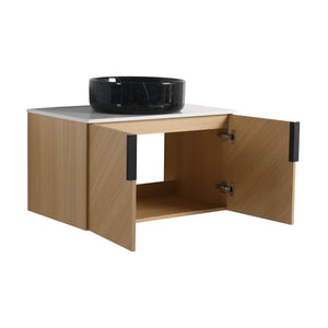 English Elm 30" Bathroom Vanity With Wall-Mounted Design, Ceramic Vessel Sink & Soft-Close Doors For Modern Homes W999S00447