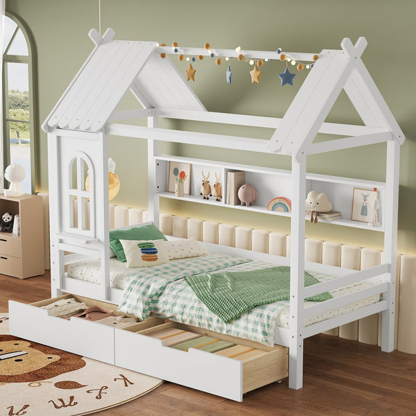 English Elm Twin House Platform Bed with Drawers & Shelves, Solid Wood Playhouse Frame for Kids, Cozy Design Light White W1580S00265