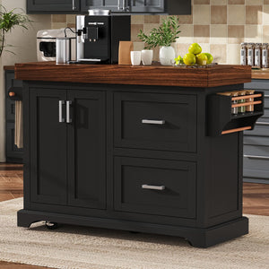 English Elm K&k Rolling Kitchen Island with Walnut Grain Countertop Drawers and Spice Rack Black N707S000025B