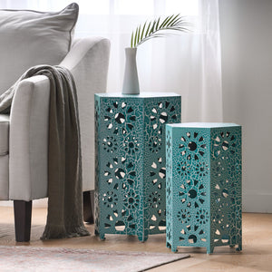 English Elm Eliana Outdoor Iron Nesting Side Tables with Sunburst Cutout and Crackle Finish Patio Accent Set Teal 69740.00CT
