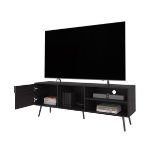 English Elm Mescal modern TV stand with concealed door and open shelving, conical legs, sleek storage center Wenge 68.5 L x 20.9 W x 5.1 H B128P263711
