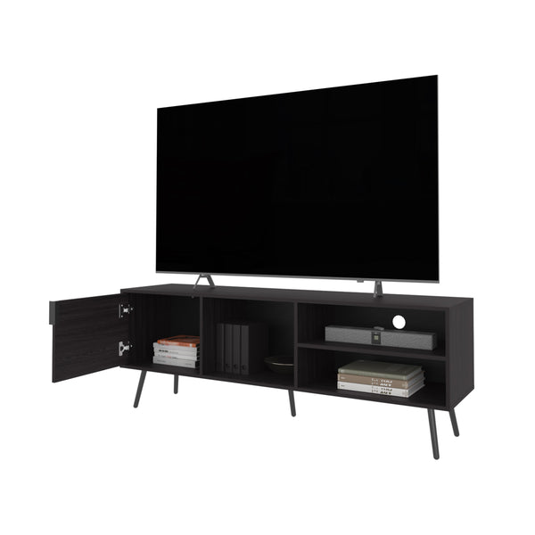 English Elm Mescal modern TV stand with concealed door and open shelving, conical legs, sleek storage center Wenge 68.5 L x 20.9 W x 5.1 H B128P263711