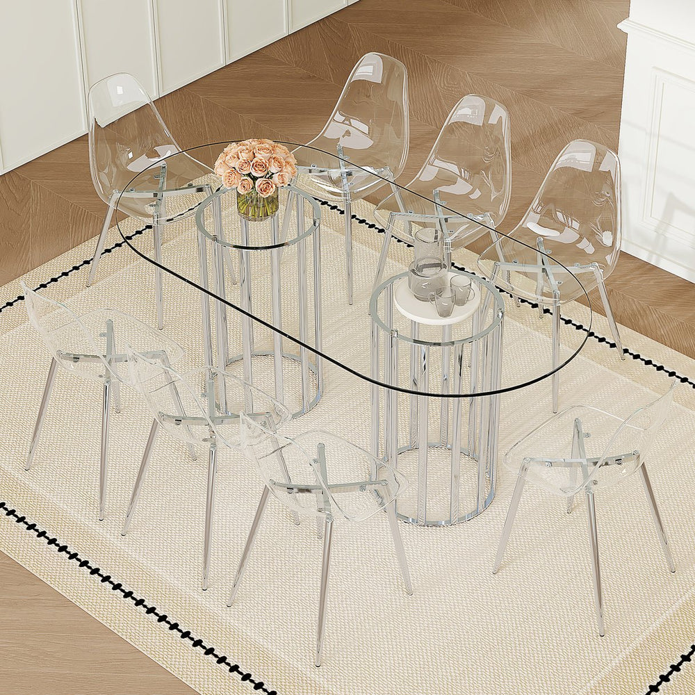 English Elm Table and Chair Set Oval Tempered Glass Top Silver Base with 8 Acrylic Dining Seats W1151S04747