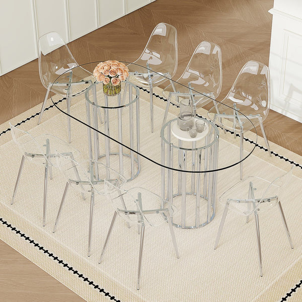 English Elm Table and Chair Set Oval Tempered Glass Top Silver Base with 8 Acrylic Dining Seats W1151S04747
