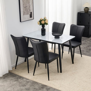 English Elm Table and Chair Set Modern Marble Glass Top with Black Metal Legs Pu Dining Chairs W1151S04659