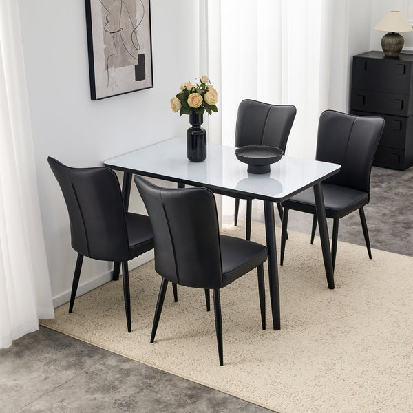 English Elm Table and Chair Set Modern Marble Glass Top with Black Metal Legs Pu Dining Chairs W1151S04659