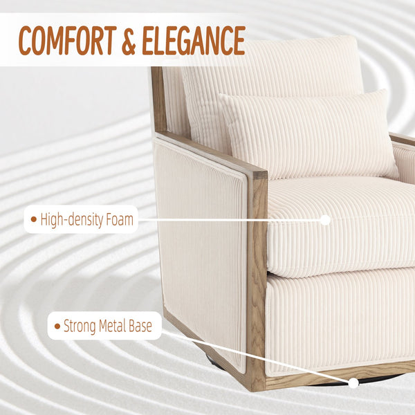 English Elm Corduroy Swivel Barrel Chair with Plush Foam Cushion, 360° Metal Base, Durable Hardwood Frame, Cozy Sitting Experience Beige W395P209380
