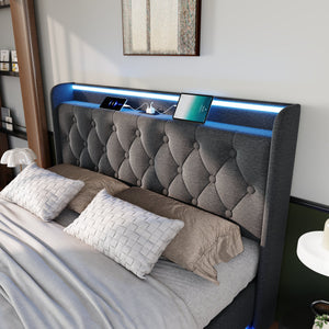 English Elm Queen Upholstered Bed with Surround LED, App/Remote Control, Hydraulic Storage, USB Type-C Charging Gray N736P188807G