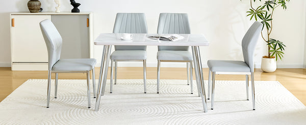 English Elm Table and Chair Set Marble Glass Top Silver Legs with Four Pu Seats for Dining W1151S04642
