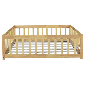 English Elm Twin Size Rubberwood Floor Bed with Safety Fence for Toddler Rooms Natural Finish W504P370533