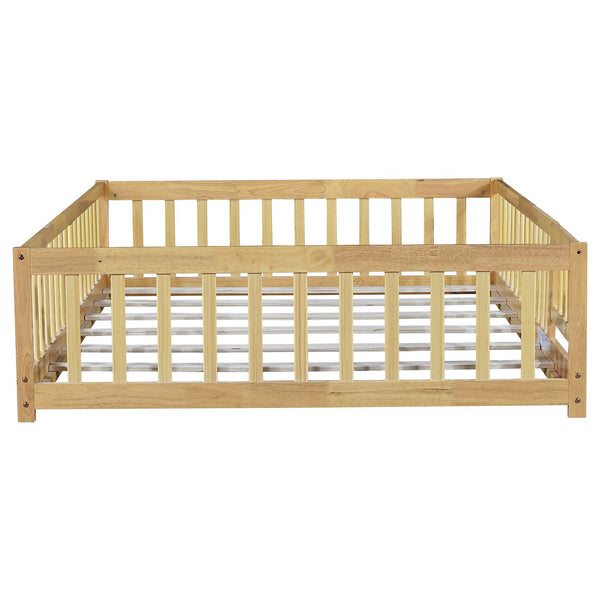 English Elm Twin Size Rubberwood Floor Bed with Safety Fence for Toddler Rooms Natural Finish W504P370533