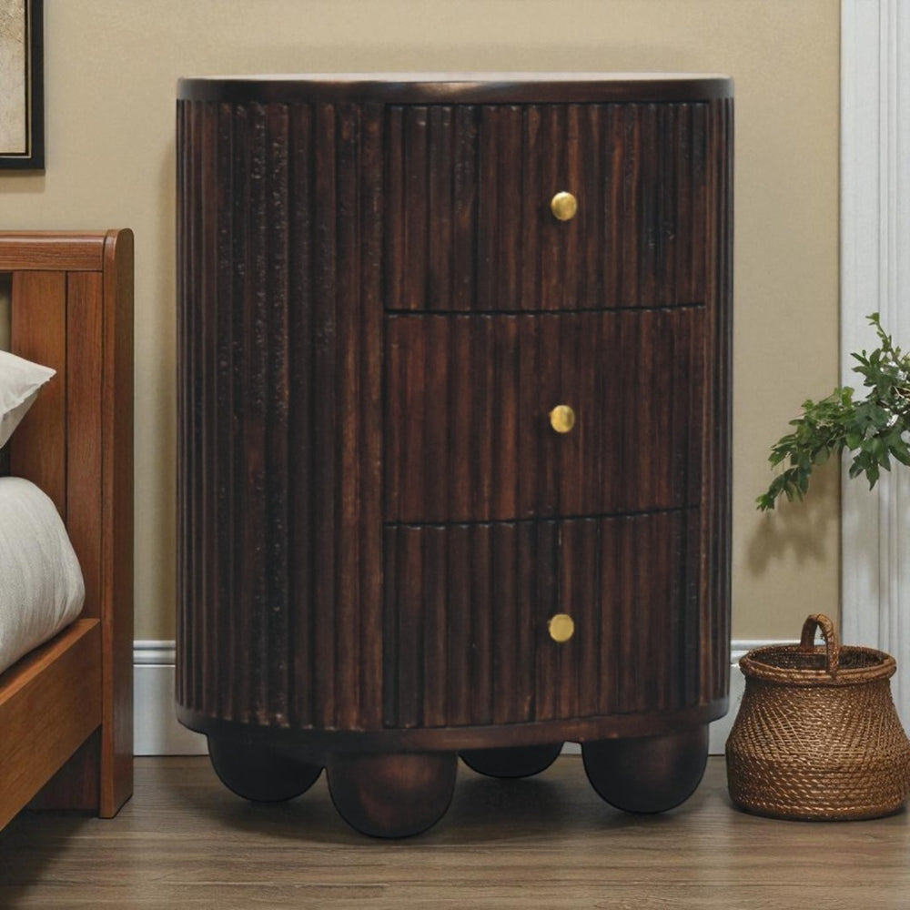 English Elm Solid Wood Curved Fluted Drum Chest - Handcrafted 3-Drawer Accent Storage For Bedroom Or Living Room B182P372143-GIGA