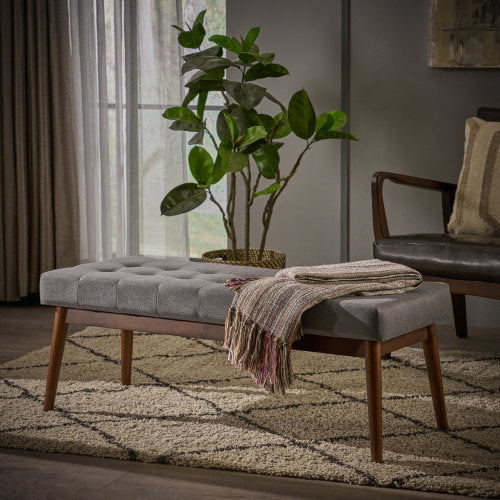 English Elm Mid-century Button Tufted Ottoman with Walnut Tapered Legs for Living Room Bedroom Grey N778P440482G