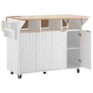 English Elm K&k Fluted Rolling Kitchen Island Faux Marble Top Power Outlet Storage Drawers White N707P353934W