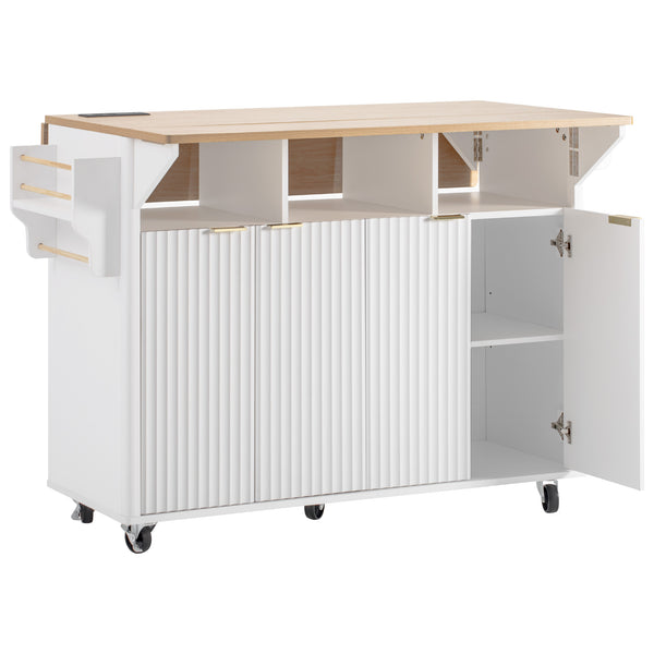 English Elm K&k Fluted Rolling Kitchen Island Faux Marble Top Power Outlet Storage Drawers White N707P353934W