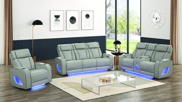 English Elm Fortuner 3PC Gray Faux Leather Living Room Set with LED, Massage, Power Recliners, Bluetooth Speakers B009S01498