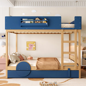 English Elm Queen Bunk Bed with Trundle Solid Pine Kids Car Themed Frame Built-in Bookshelf Blue,Natural W1580S00447