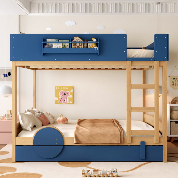 English Elm Queen Bunk Bed with Trundle Solid Pine Kids Car Themed Frame Built-in Bookshelf Blue,Natural W1580S00447