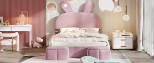 English Elm Full Pink Velvet Platform Bed Cartoon Ear Headboard Led Light Storage Stools N709P195300H-1