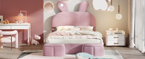 English Elm Full Pink Velvet Platform Bed Cartoon Ear Headboard Led Light Storage Stools N709P195300H-1