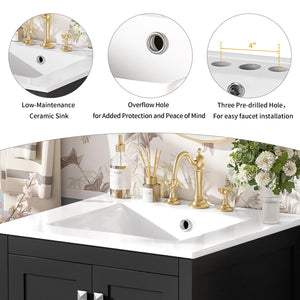 English Elm 24-inch Modern Bathroom Vanity with Ceramic Sink, Soft-Close Doors, Drawer Divider & Ample Storage Black N729P299440B