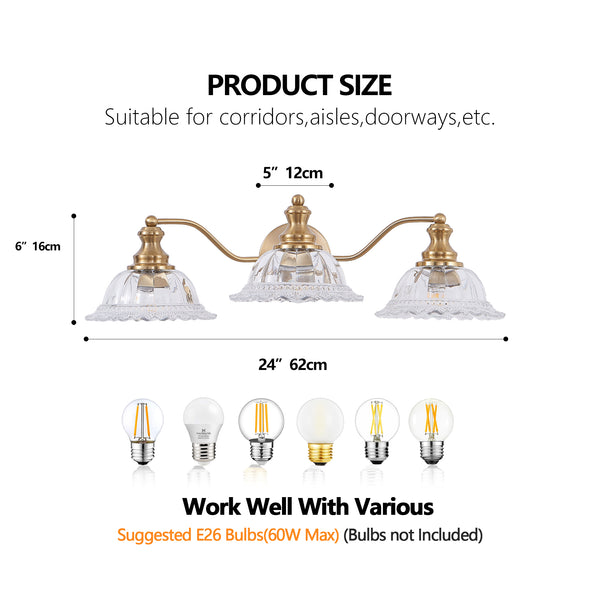 English Elm 24 Vintage 3-Light Wall Sconce with Iron and Glass Shades – Stylish Hardwired Vanity Fixture for Bathroom Mirror Gold W2312P374845