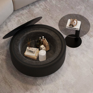 English Elm Black Round Fluted Pu Leather Coffee Table Tempered Glass Top Hidden Storage Modern Black W3081P428980