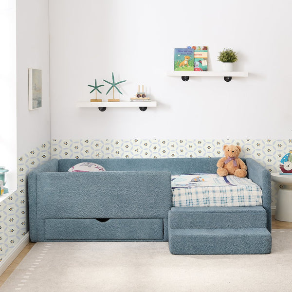 English Elm Twin Boucle Upholstered Kids Bed with Guardrails Built in Storage and Cushioned Step Stool Navy W1413P433366