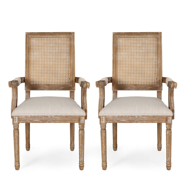 English Elm Dining Chairs Set of 2 Cane Back Rubberwood Armchair French Country Upholstered Seat N769P433301M