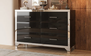 English Elm Elegant High Gloss Dresser with Metal Handles and Mirrored Panels, 6-Drawer Space-Saving Storage Solution Black 55.71 L x 19.29 W x 10.63 H N733P205355B