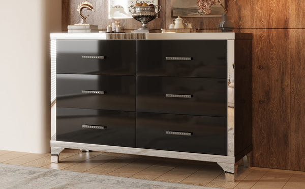 English Elm Elegant High Gloss Dresser with Metal Handles and Mirrored Panels, 6-Drawer Space-Saving Storage Solution Black 55.71 L x 19.29 W x 10.63 H N733P205355B
