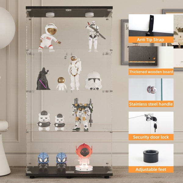 English Elm Tempered Glass Display Cabinet With Multi-Color Led Lights, Lockable Storage, & Adjustable Feet W3155S00001-GIGA