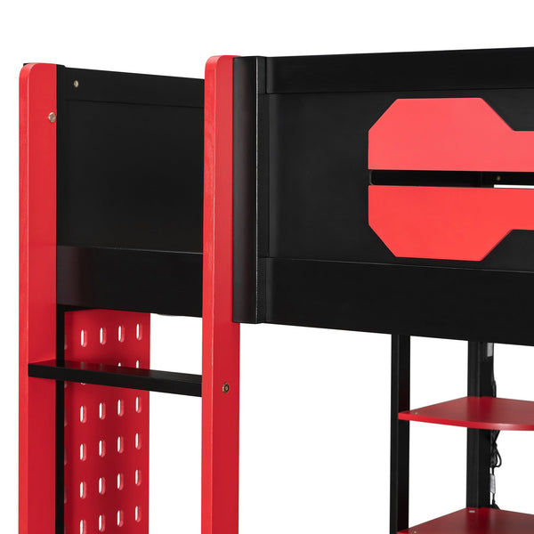 English Elm Full Size Gaming Loft Bed with Rgb Lighting Integrated Desk and Open Wardrobe N820S00073J