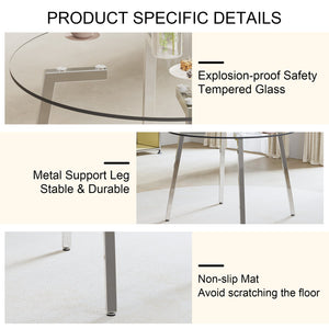 English Elm Modern circular tempered glass dining table with silver metal legs, minimalist clear top for airy spaces W1512P371582