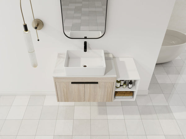 English Elm 42" Modern Wall-Mounted Bathroom Vanity With Ceramic Art Sink & Dual Storage Shelves For Style W999S00290