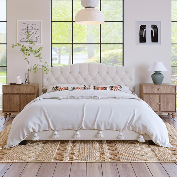 English Elm Upholstered Diamond-Tufted Platform Bed with Two-Position Adjustable Headboard and Sturdy Support Beige 81.22 L x 26.81 W x 5.24 H N701P342941B