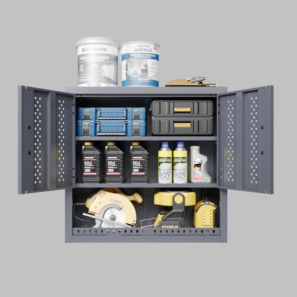 English Elm Metal Wall Mounted Cabinet Gray Powder Coated Floating Storage for Garage Workshop W396P305780