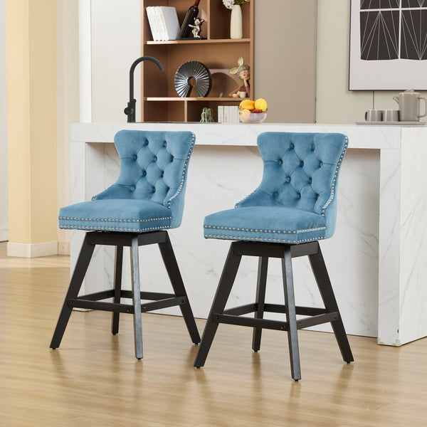 English Elm Swivel Velvet Barstools with Supportive Curved Back, Thick Foam & Spring Seat, 360° Rotation, Sturdy Wooden Frame Light Blue W1143P369089