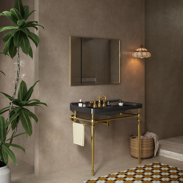 English Elm VICI 36" Bathroom Console Sink with Integrated Ceramic Basin, 3-Hole Faucet, Stainless Legs & Towel Bar Black,Gold W2615S00106
