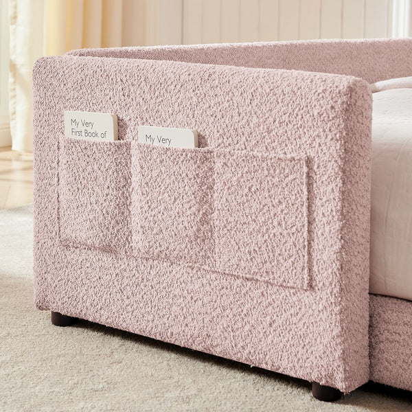 English Elm Full Size Boucle Platform Bed Whimsical Rabbit Ear Headboard with Safety Rail Pink W1413S00136