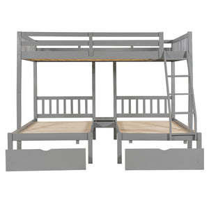 English Elm Full Over Twin Triple Bunk Bed Pine Wood Frame with Storage Drawers and Guardrails LT000343AAE-1
