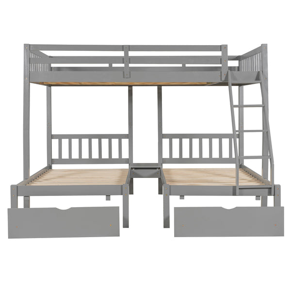 English Elm Full Over Twin Triple Bunk Bed Pine Wood Frame with Storage Drawers and Guardrails LT000343AAE-1