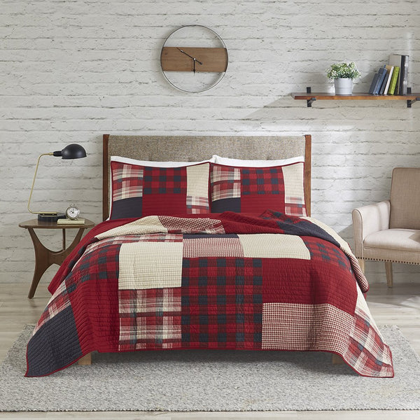JLA Home Woolrich - Oversized Cotton Quilt Mini Set with Reversible Plaid & Solid Red, Lightweight Year-Round Comfort 110 L x 96 W x 0.25H WR14-1731