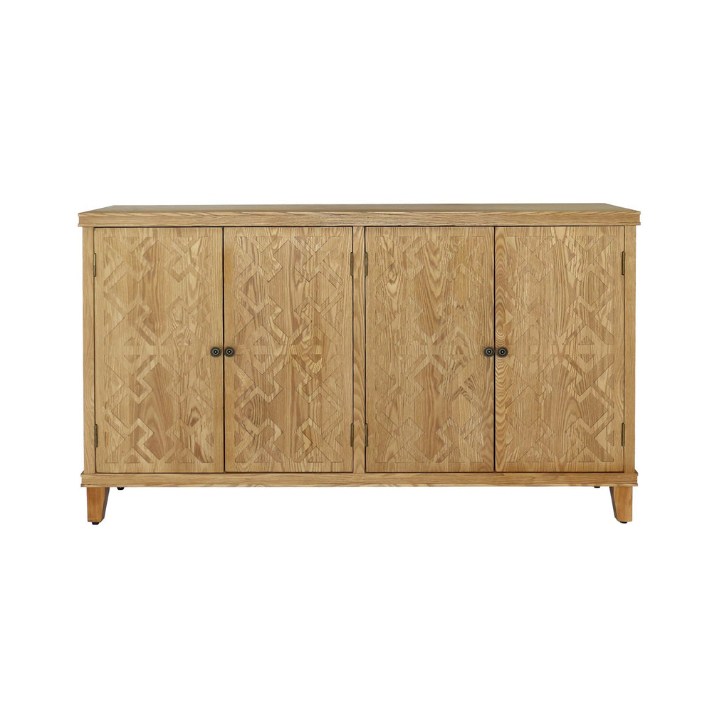 English Elm 59" Brown Accent Cabinet with 4 Doors Vintage Carved MDF Buffet Console for Living Room Storage W2295P306917