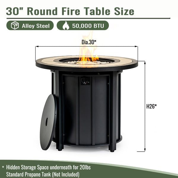 English Elm 30" 30inch Propane Fire Pit Table 50000 BTU Mosaic Ceramic Top Steel Frame ETL Approved Patio Garden Black+Brown W853P293850