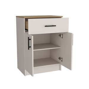 English Elm Pantry Netal Cabinet in Ivory & Natural Oak — Compact 33.5" H Storage with Countertop, Drawer & Shelves B092P243275