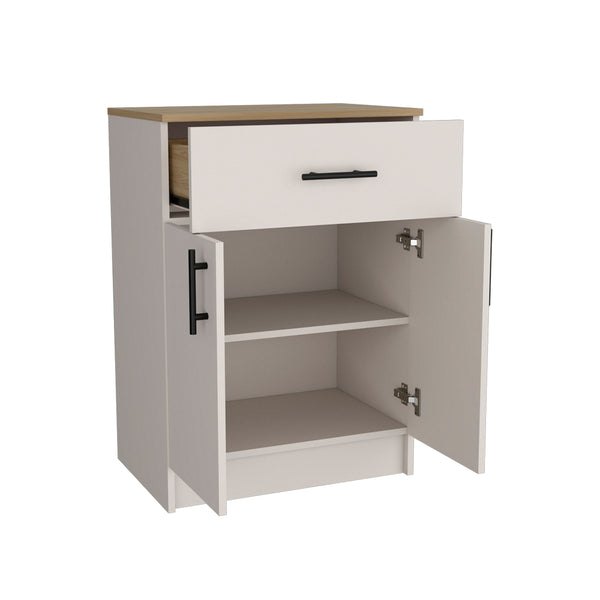 English Elm Pantry Netal Cabinet in Ivory & Natural Oak — Compact 33.5" H Storage with Countertop, Drawer & Shelves B092P243275
